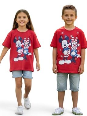 NWT Disney Red Patriotic Mickey Minnie Mouse Short Sleeve Red Tee Unisex Kids XL